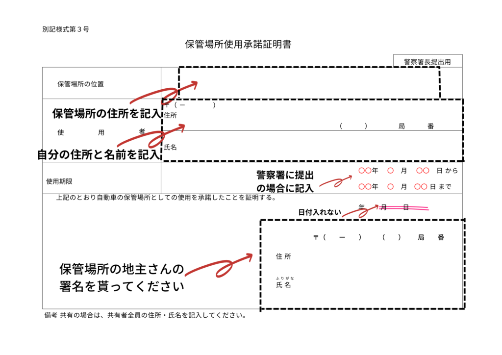 保管場所使用承諾証明書